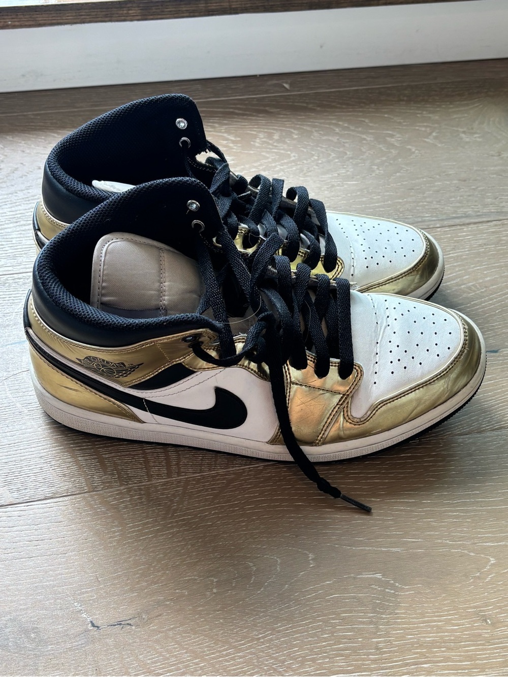 Nike Air Jordan 1 Mid White, Metallic Gold & Black